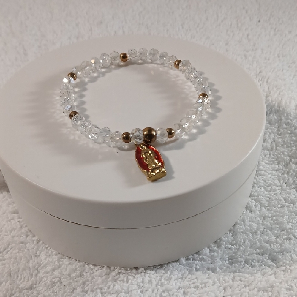 Clear Crystal Bead Stretch Bracelet with Gold and Red Charm